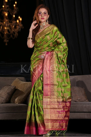 Grass Green Zari Butta Woven Banarasi Saree