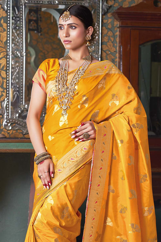 yellow banarasi saree