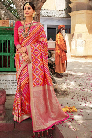 Hot Pink And Orange Zari Woven Banarasi Saree