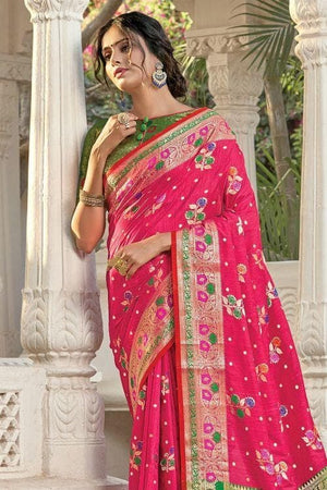 Hot Pink Floral Zari Woven Banarasi Saree