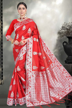Imperial Red Zari Woven Banarasi Cotton Saree