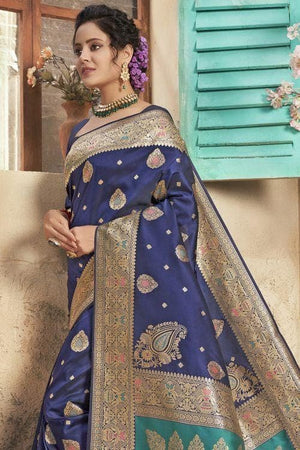Indigo Blue Heavy Embroidery Banarasi Saree