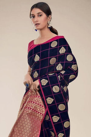 Indigo Blue Zari Butta Woven Banarasi Saree