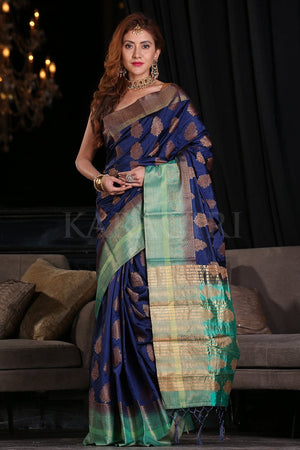 Indigo Blue Zari Butta Woven Banarasi Saree