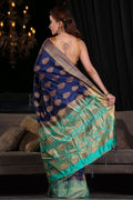 Indigo Blue Zari Butta Woven Banarasi Saree