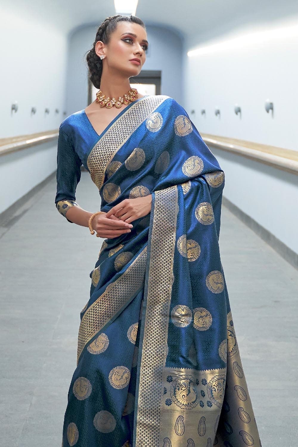 Buy Saree Mall Ink Blue Zari Work Saree With Unstitched Blouse for Women  Online @ Tata CLiQ