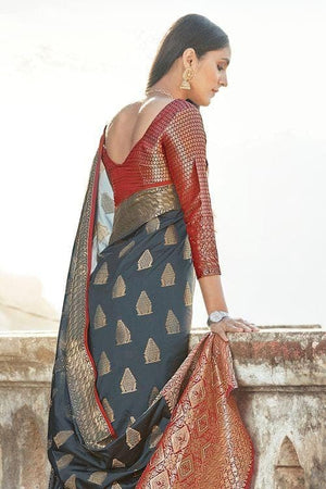 Iron Grey Zari Butta Woven Banarasi Saree