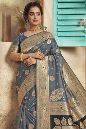 Ivory Grey Heavy Embroidery Banarasi Saree