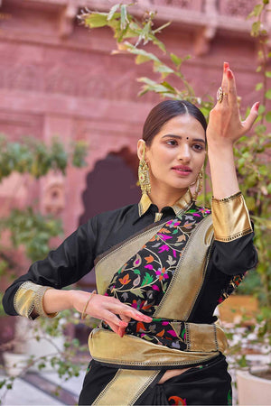 Jade Black Kashmiri Zari Woven Saree