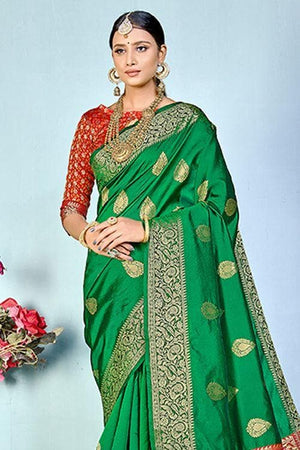 Jade Green Zari Butta Woven Banarasi Saree