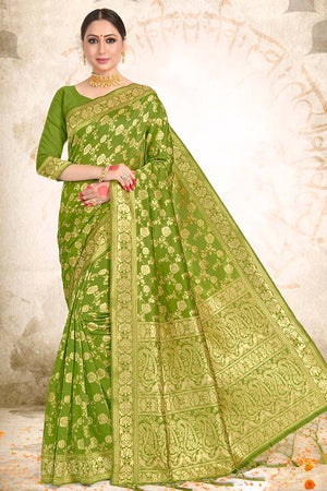 Kelly Green Printed Banarasi Saree