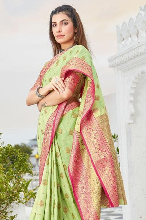 Lime Green Banarasi Raw Silk Saree