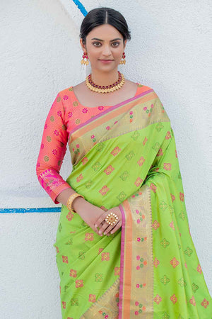 Lime Green Soft Silk Banarasi Saree