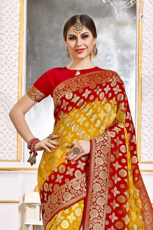 Lipstick Red And Gold Yellow Printed Banarasi Saree