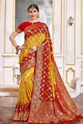 Banarasi Saree Lipstick Red And Gold Yellow Printed Banarasi Saree saree online