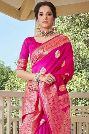 Magenta Pink Flower Border Banarasi Saree