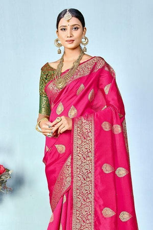 Magenta Pink Zari Butta Woven Banarasi Saree