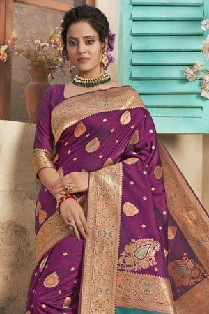 Magenta Purple Heavy Embroidery Banarasi Saree