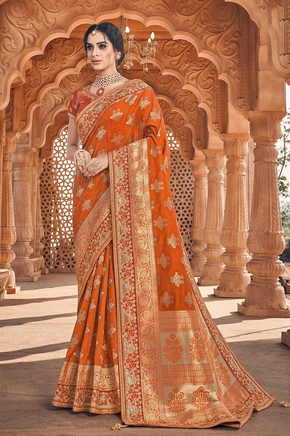 Buy Marmalade orange zari woven banarasi saree online Karagiri