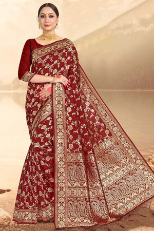 Maroon Red Printed Banarasi Saree