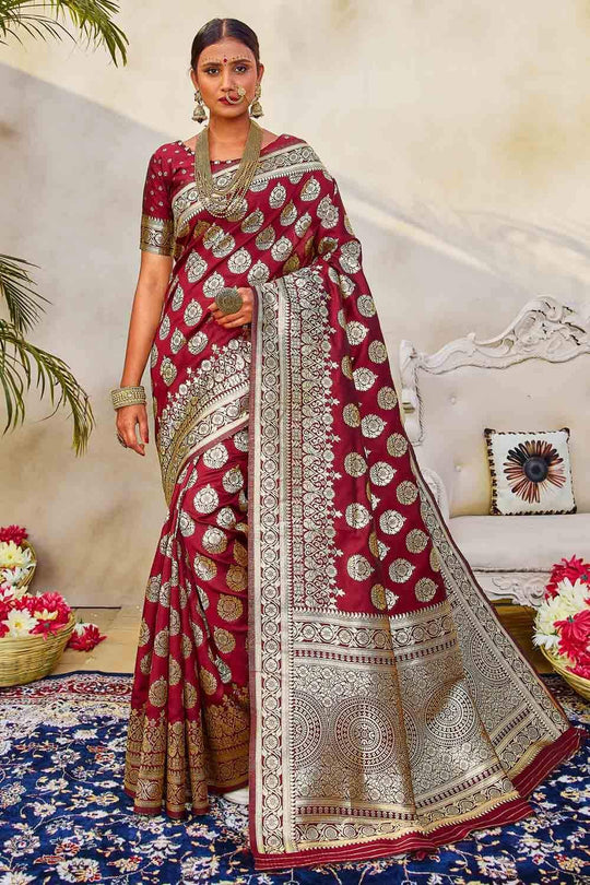 Maroon Zari Butta Woven Banarasi Saree