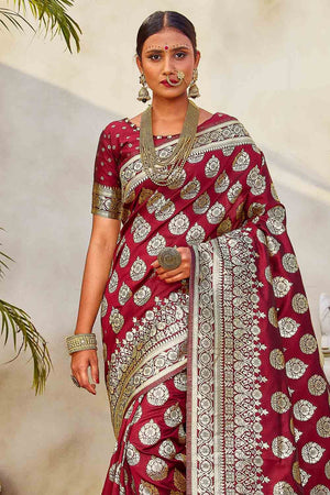Maroon Zari Butta Woven Banarasi Saree