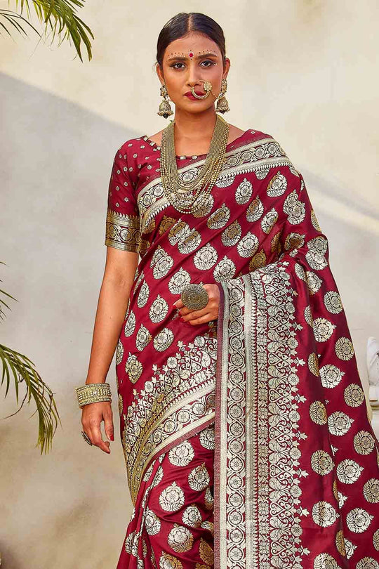 Banarasi Saree Maroon Zari Butta Woven Banarasi Saree saree online