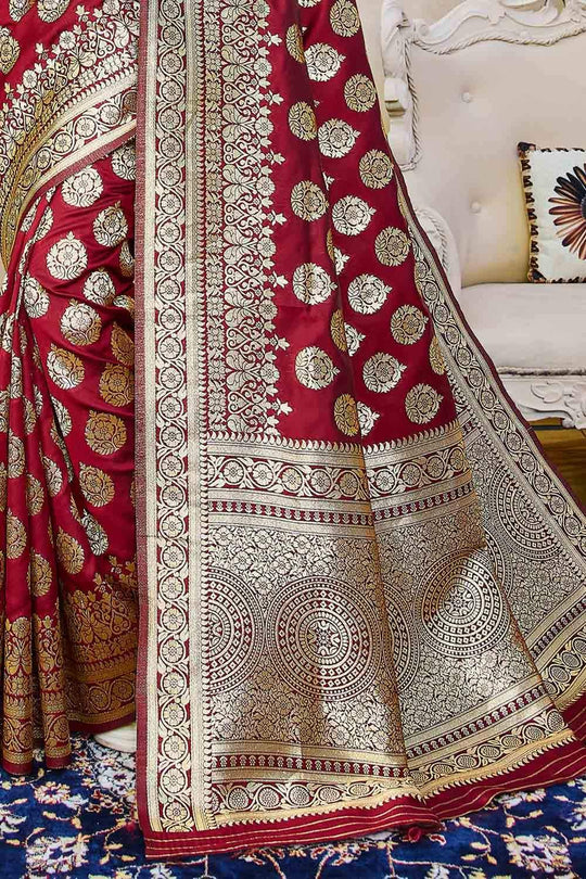 Maroon Zari Butta Woven Banarasi Saree