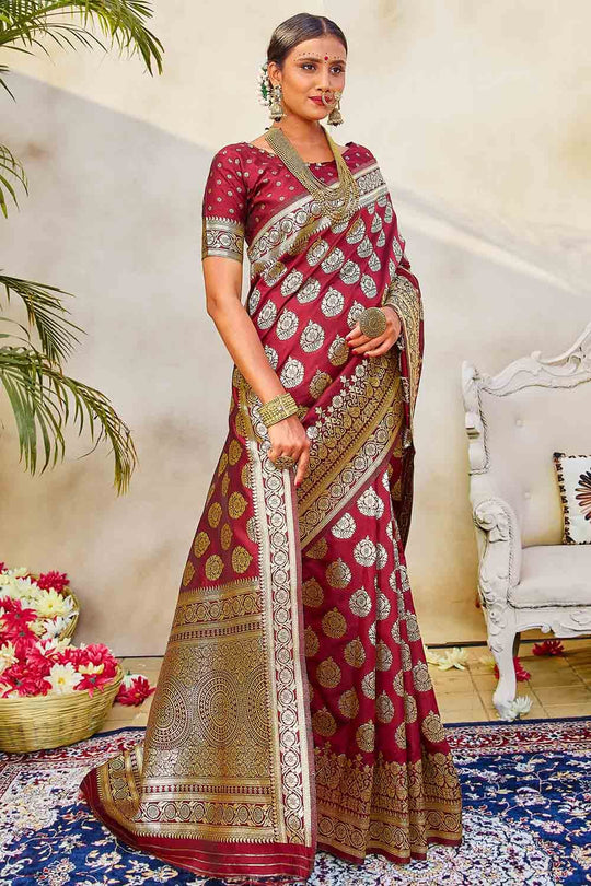 Banarasi Saree Maroon Zari Butta Woven Banarasi Saree saree online