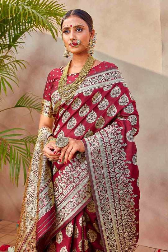 Banarasi Saree Maroon Zari Butta Woven Banarasi Saree saree online