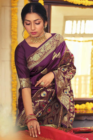 Mulberry Purple Jacquard Prints Banarasi Saree