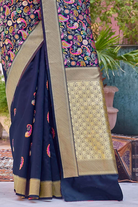 Navy Blue Kashmiri Zari Woven Saree