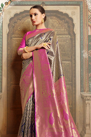 Navy Blue Pink Woven Banarasi Brocade Saree