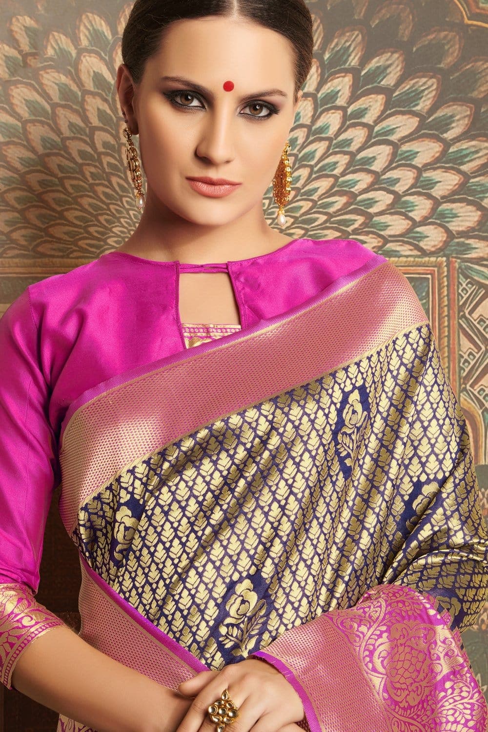 Buy Navy blue pink woven Banarasi Brocade saree online - Best quality ...