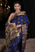 Navy Blue Zari Butta Woven Banarasi Saree