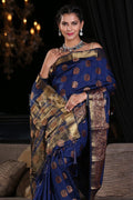 Navy Blue Zari Butta Woven Banarasi Saree