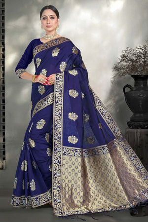Navy Blue Zari Woven Banarasi Cotton Saree
