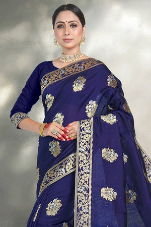 Navy Blue Zari Woven Banarasi Cotton Saree