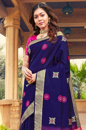 Navy Blue Zari Woven Banarasi Saree