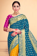Ocean Blue And Yellow Banarasi Saree