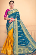 Ocean Blue And Yellow Banarasi Saree