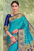 Olympic Blue Zari Butta Banarasi Saree