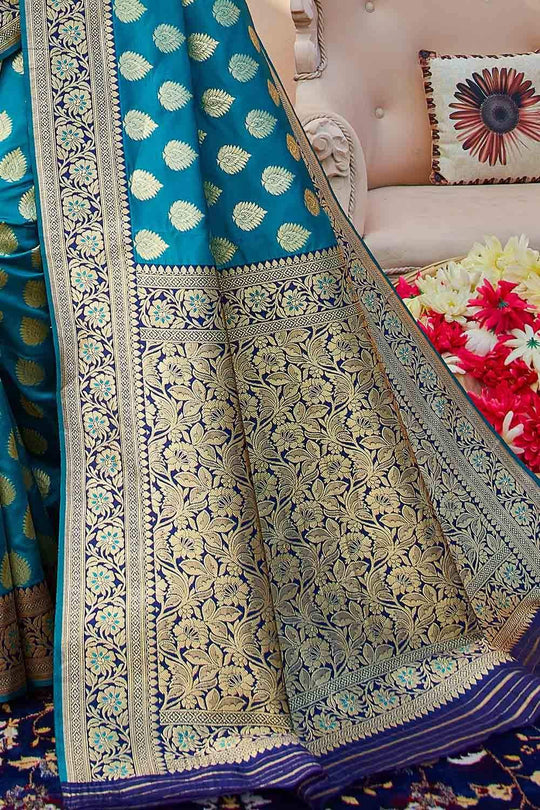 Olympic Blue Zari Butta Woven Banarasi Saree
