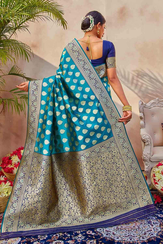 Olympic Blue Zari Butta Woven Banarasi Saree