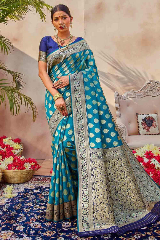 Olympic Blue Zari Butta Woven Banarasi Saree