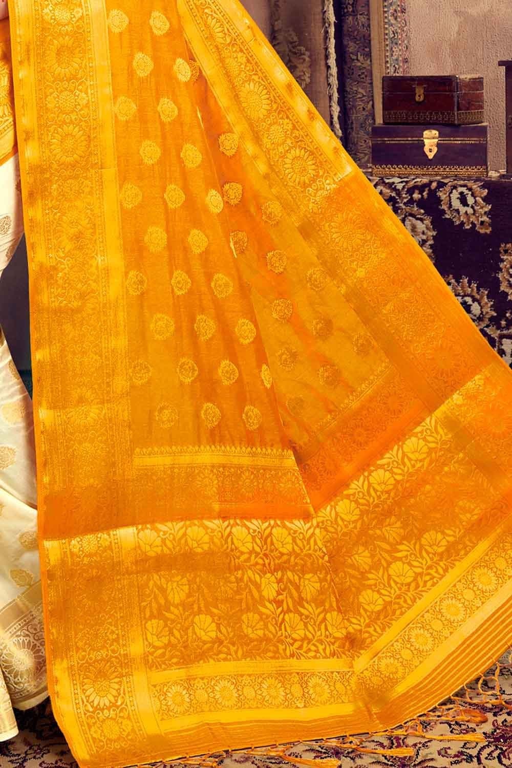 Orange And Cream Zari Woven Banarasi Saree