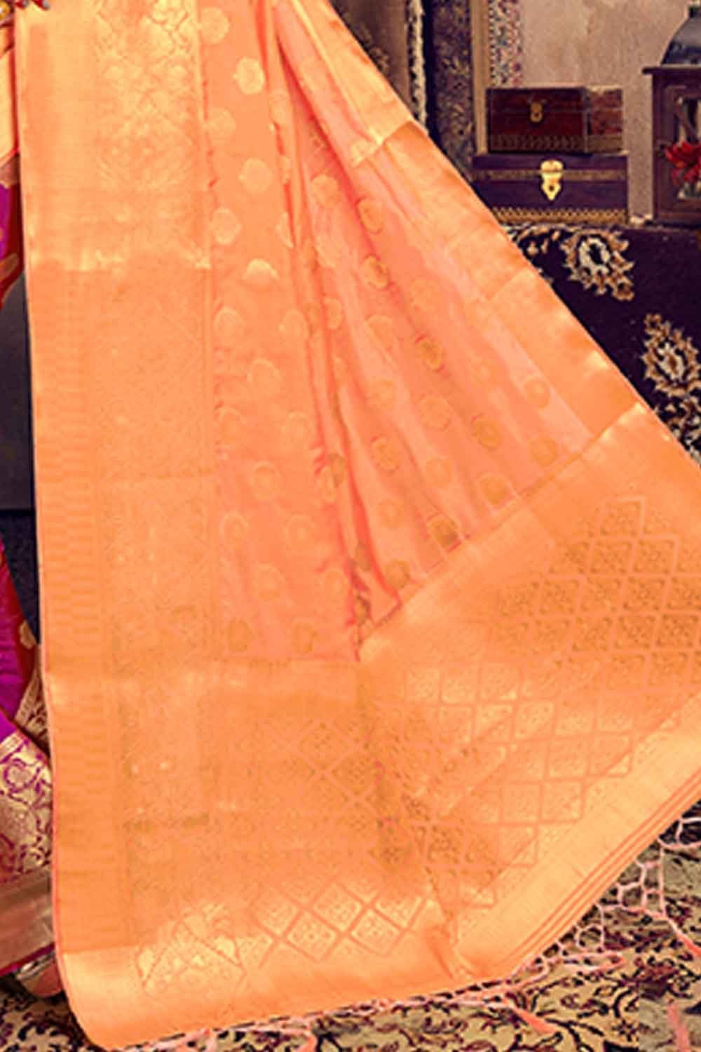Orange And Purple Zari Woven Banarasi Saree