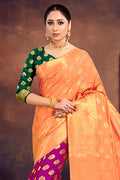 Orange And Purple Zari Woven Banarasi Saree