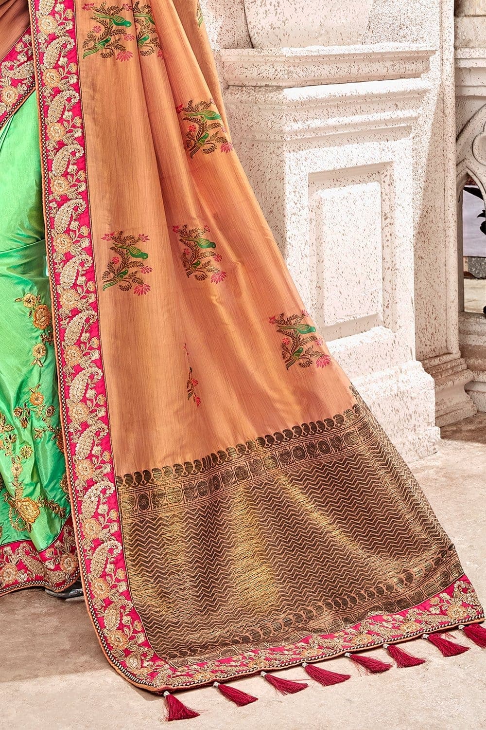 Buy Orange,green banarasi saree online at best price - Karagiri