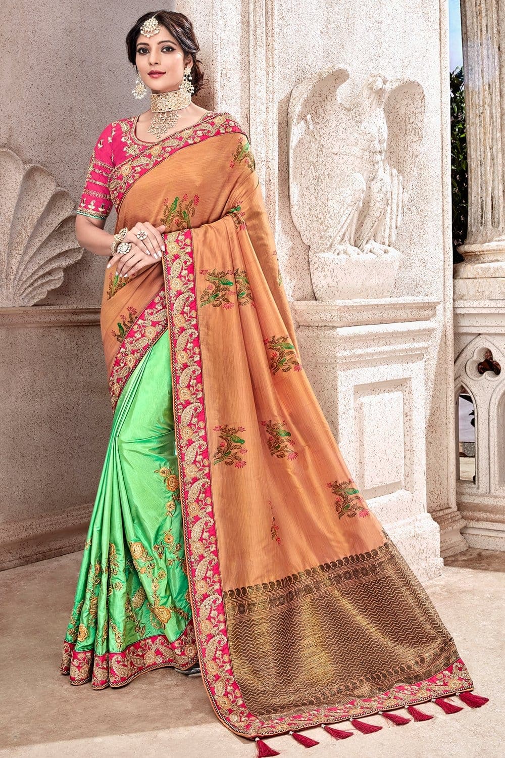 Buy Orange,green banarasi saree online at best price - Karagiri